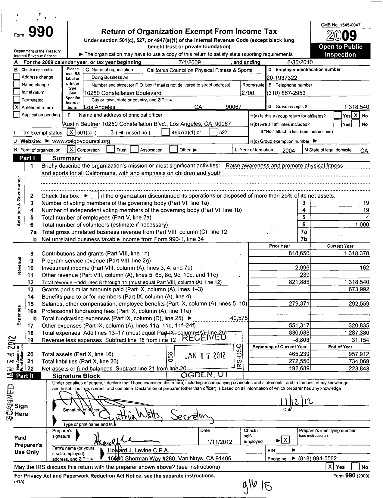 Image of first page of 2009 Form 990 for California Council on Physical Fitness and Sports