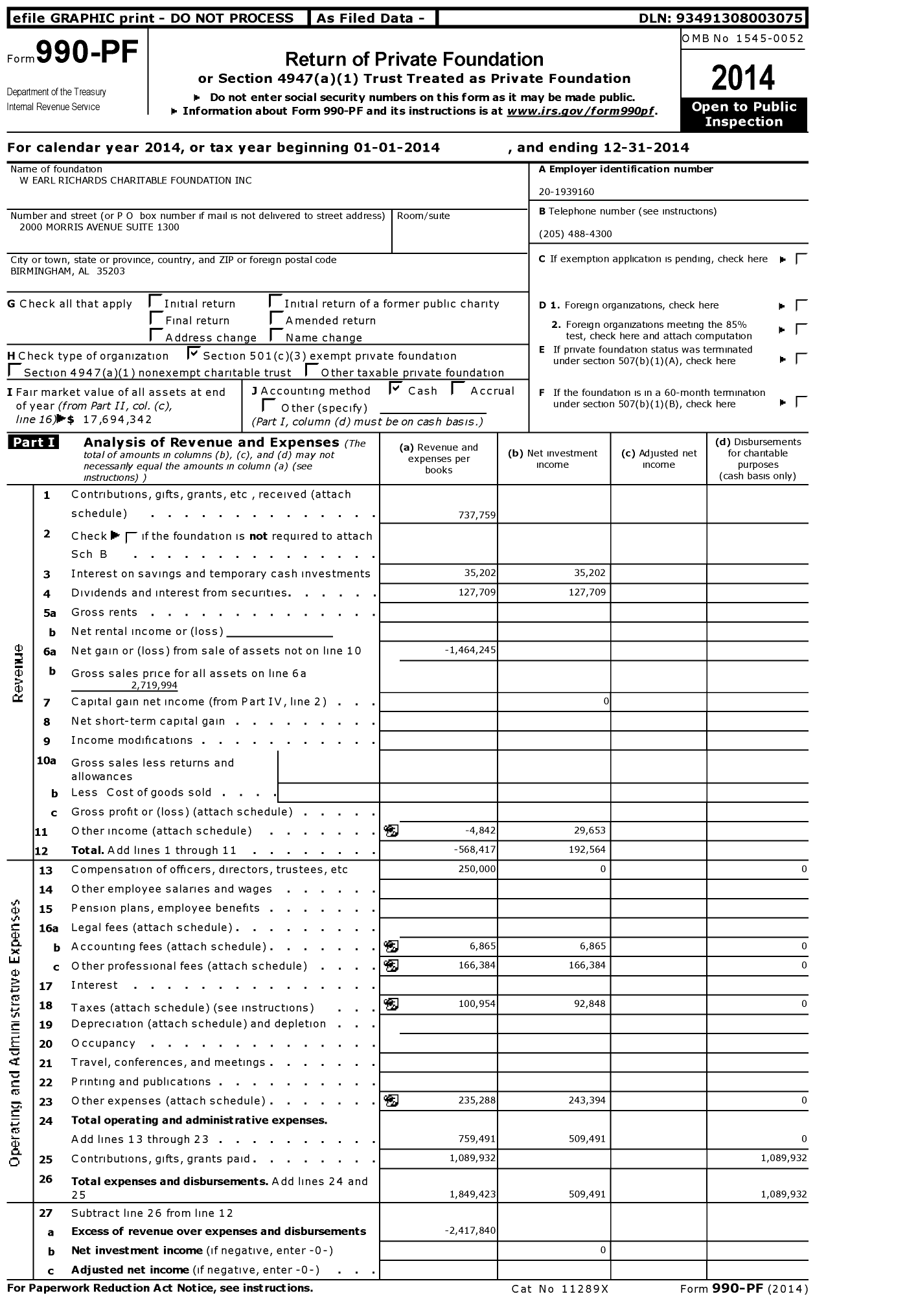 Image of first page of 2014 Form 990PF for W Earl Richards Charitable Foundation