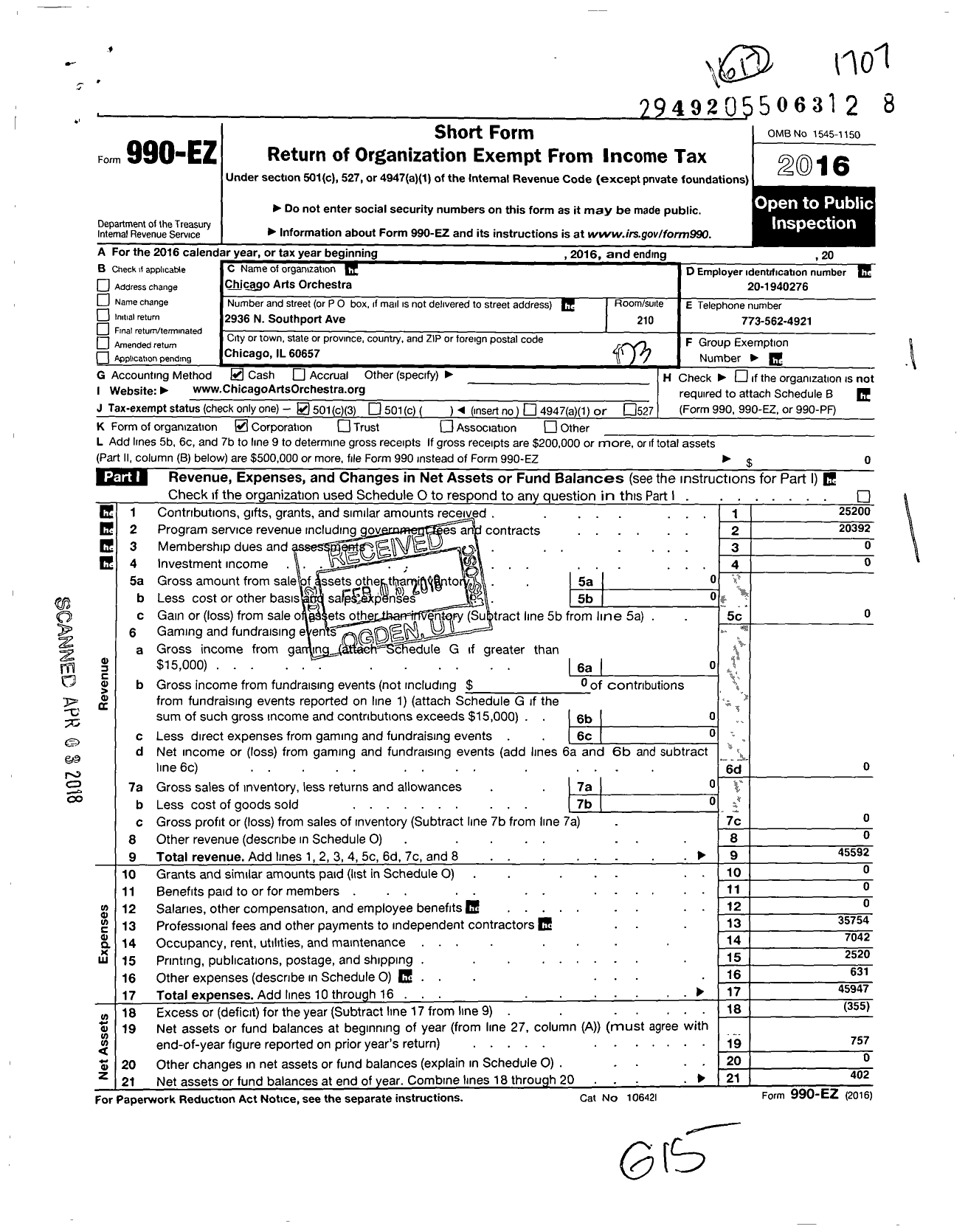 Image of first page of 2016 Form 990EZ for Chicago Arts Orchestra