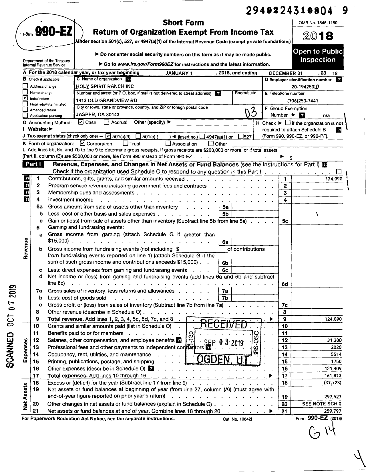 Image of first page of 2018 Form 990EZ for Holyly Spirit Ranch