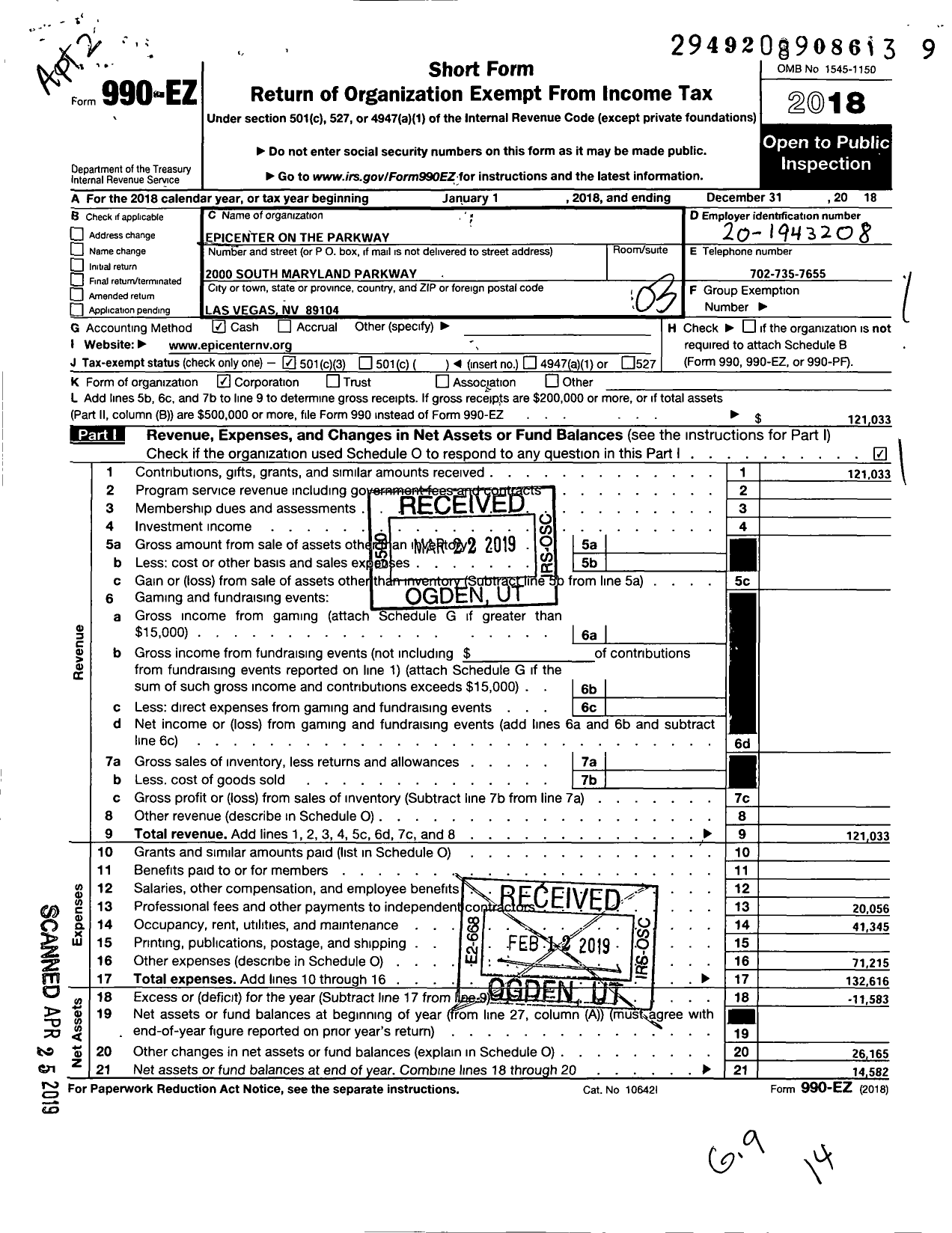 Image of first page of 2018 Form 990EZ for Epicenter on the Parkway