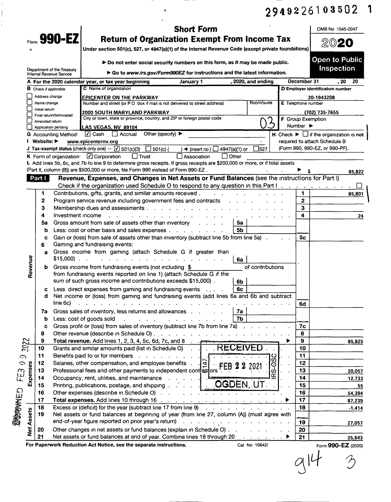 Image of first page of 2020 Form 990EZ for Epicenter on the Parkway