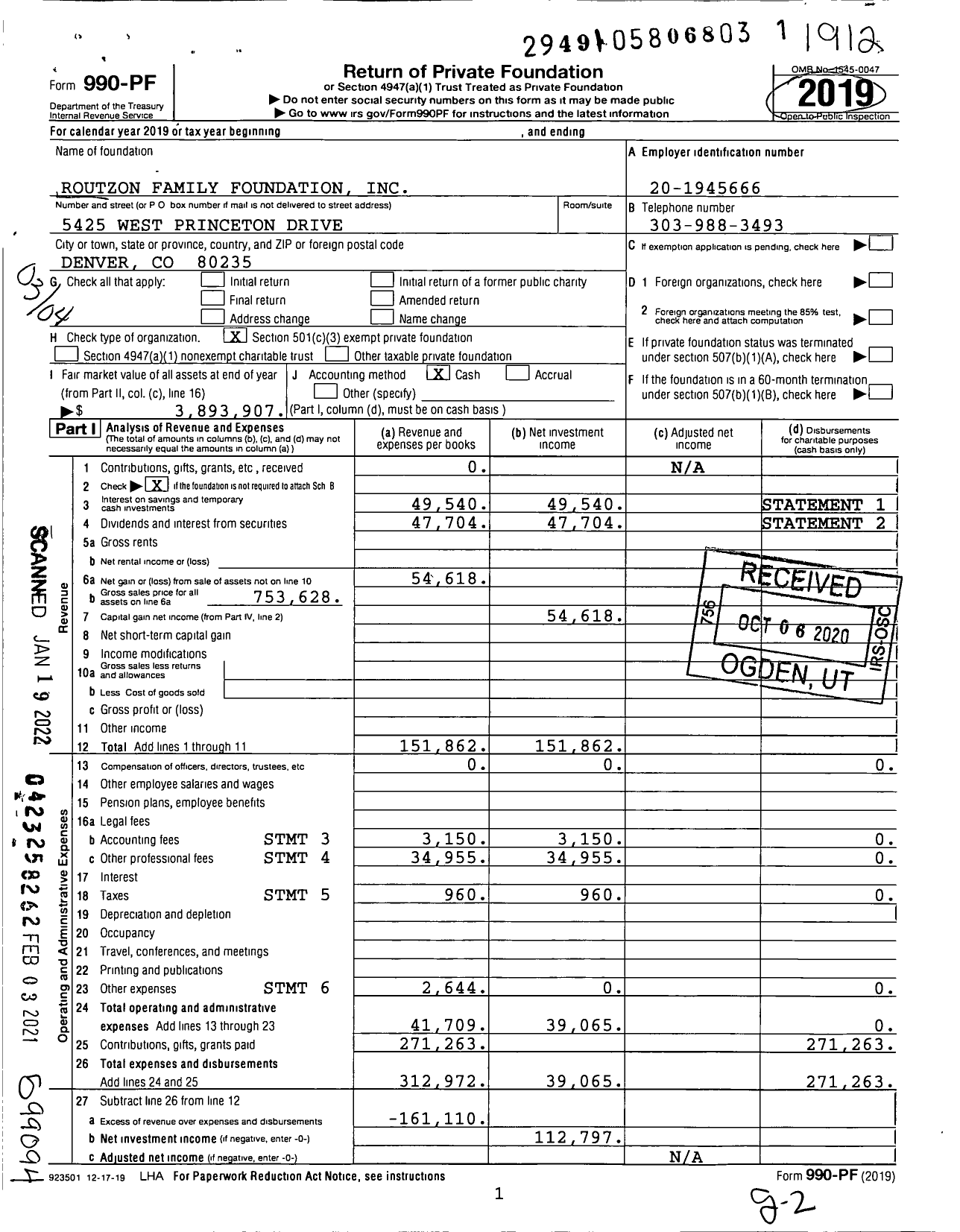 Image of first page of 2019 Form 990PF for Routzon Family Foundation
