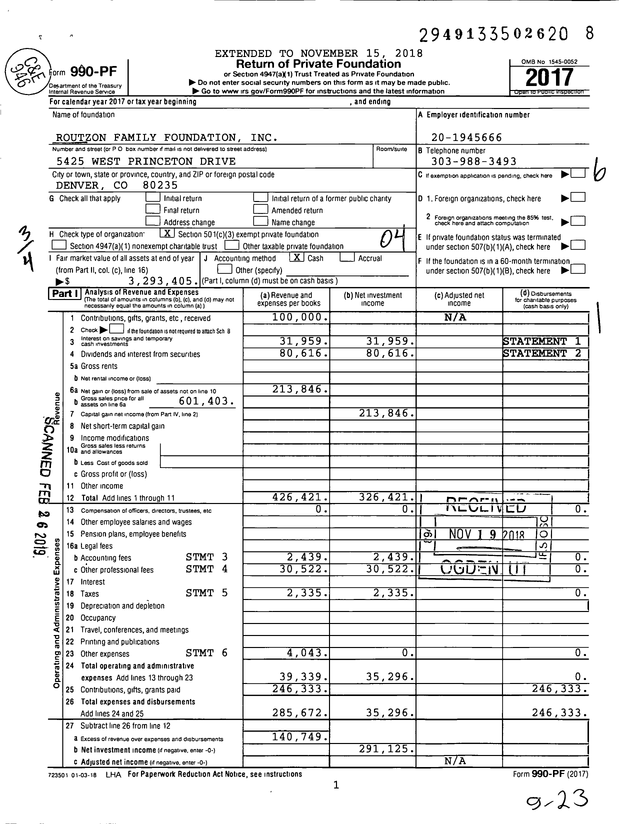 Image of first page of 2017 Form 990PF for Routzon Family Foundation