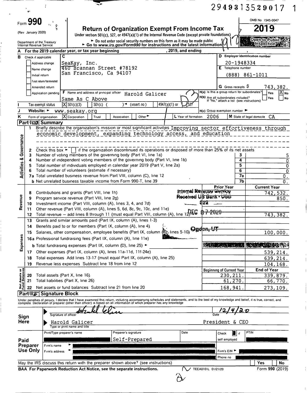 Image of first page of 2019 Form 990 for Seakay