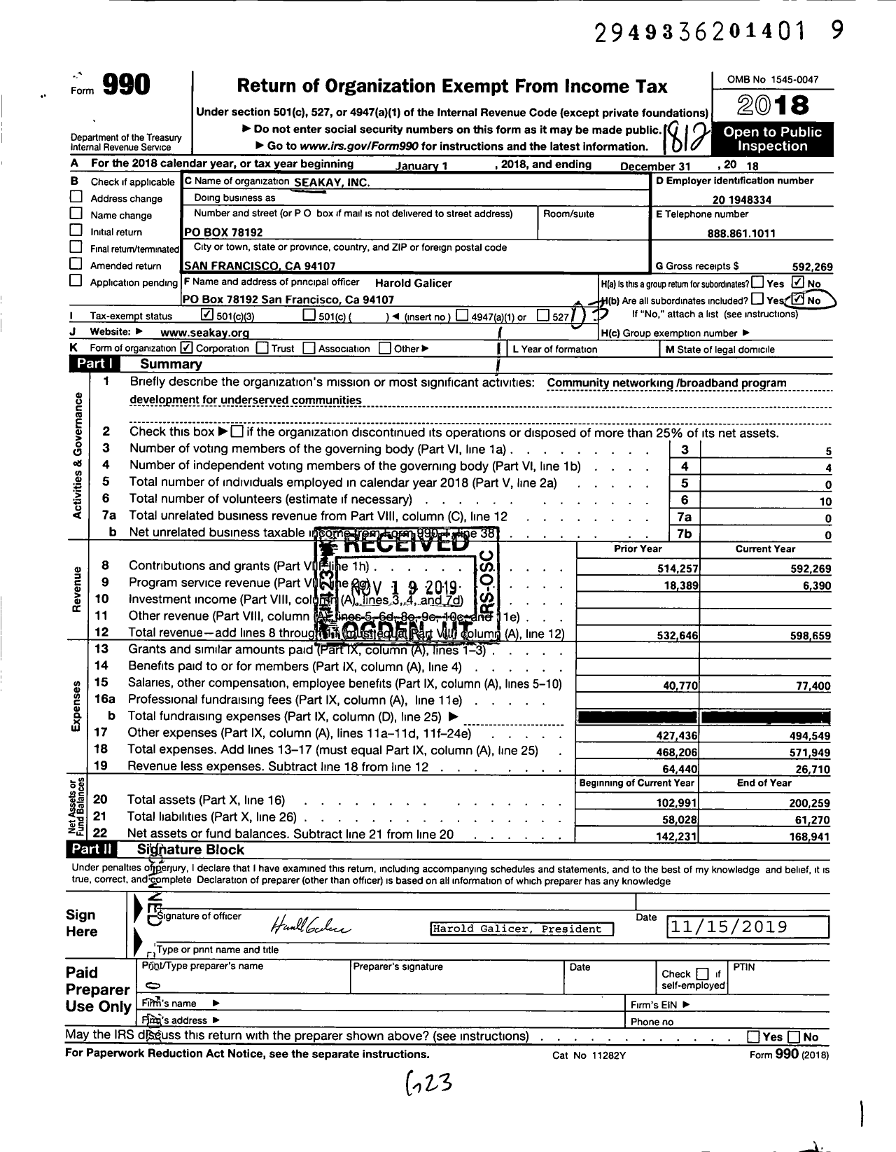 Image of first page of 2018 Form 990 for Seakay