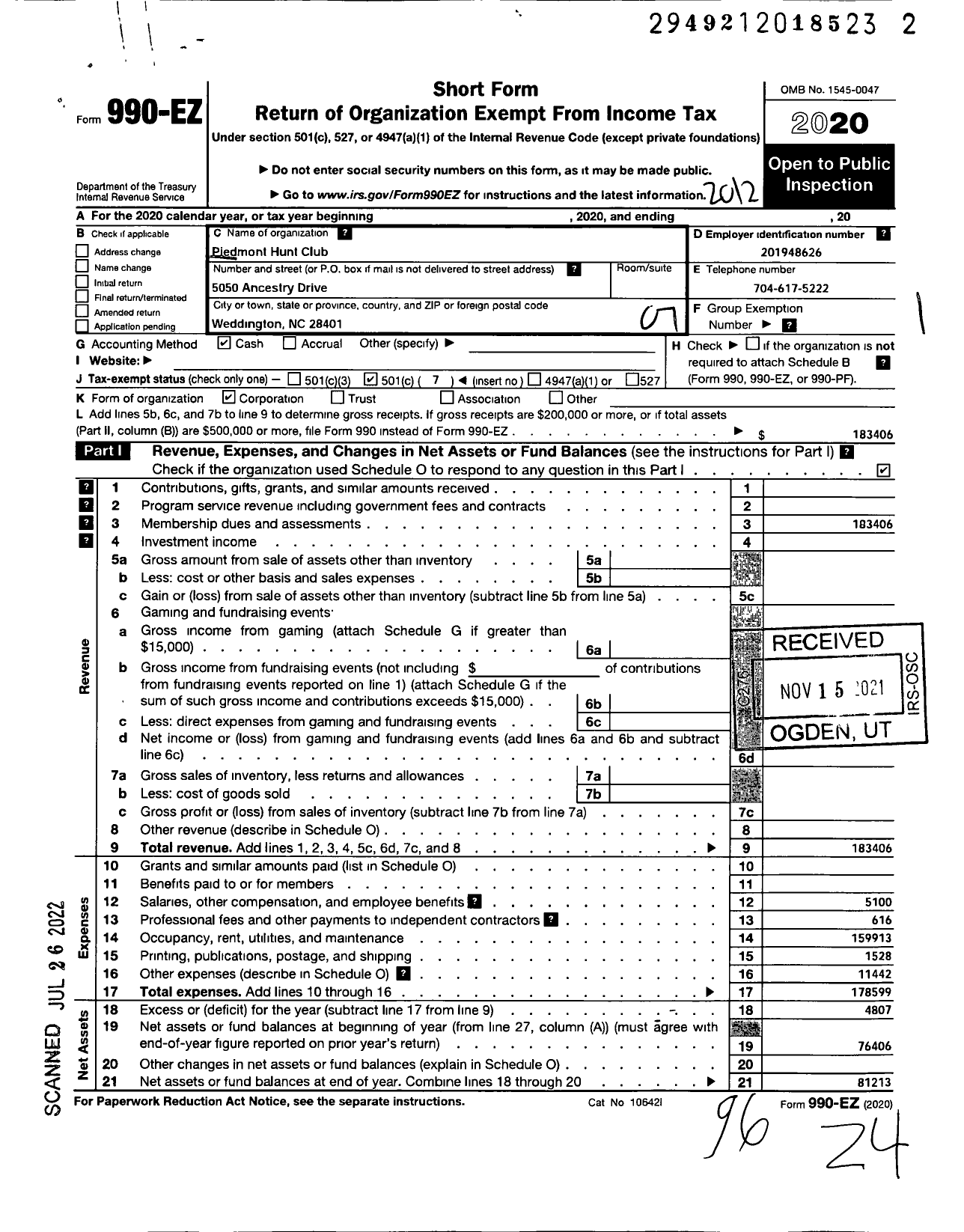 Image of first page of 2020 Form 990EO for Piedmont Hunt Club Incorporated