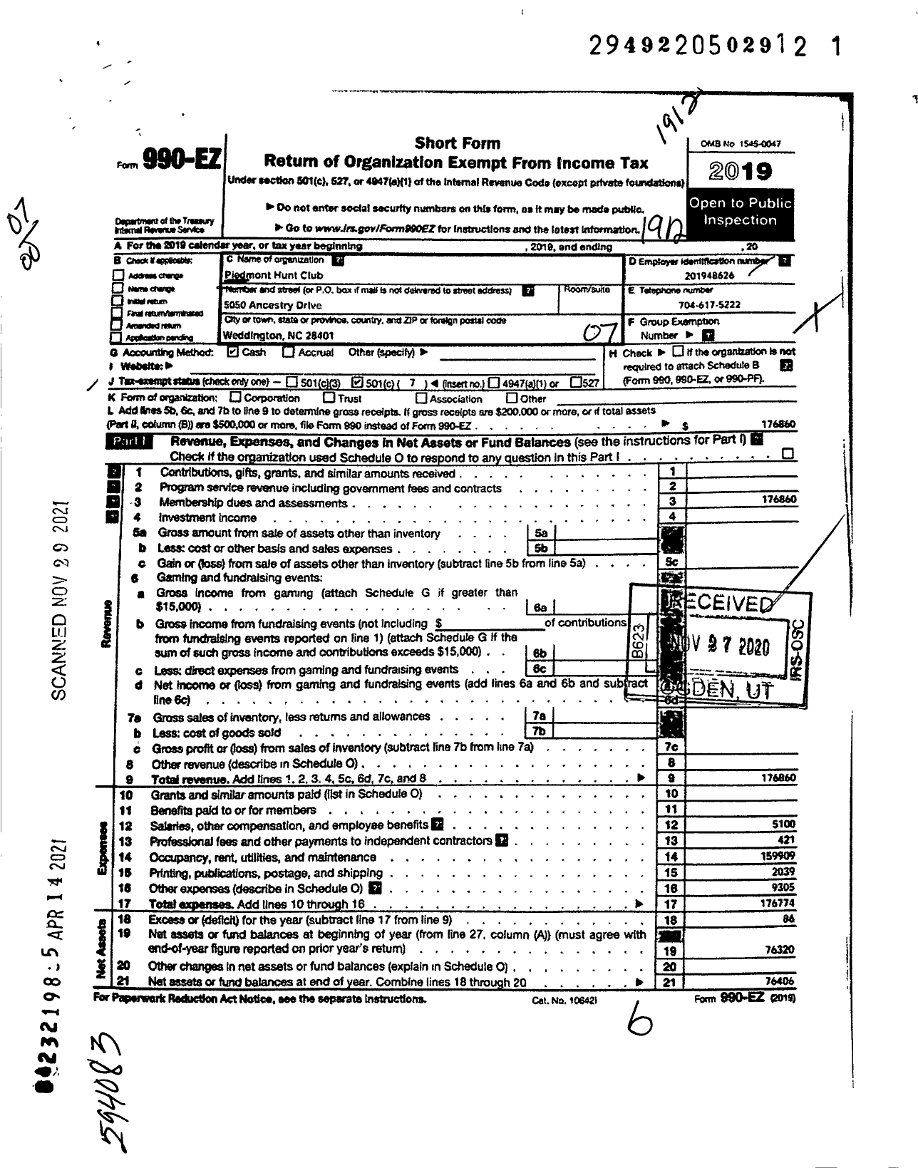 Image of first page of 2019 Form 990EO for Piedmont Hunt Club Incorporated