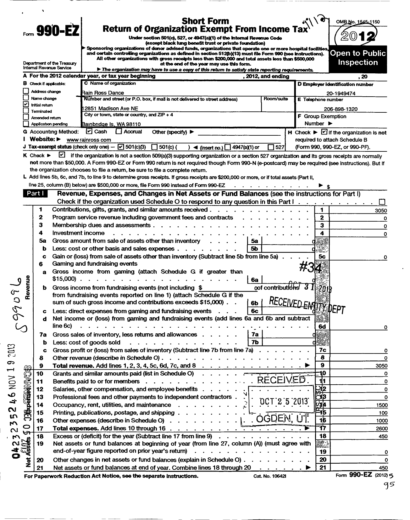 Image of first page of 2011 Form 990EZ for Rain Ross Dance