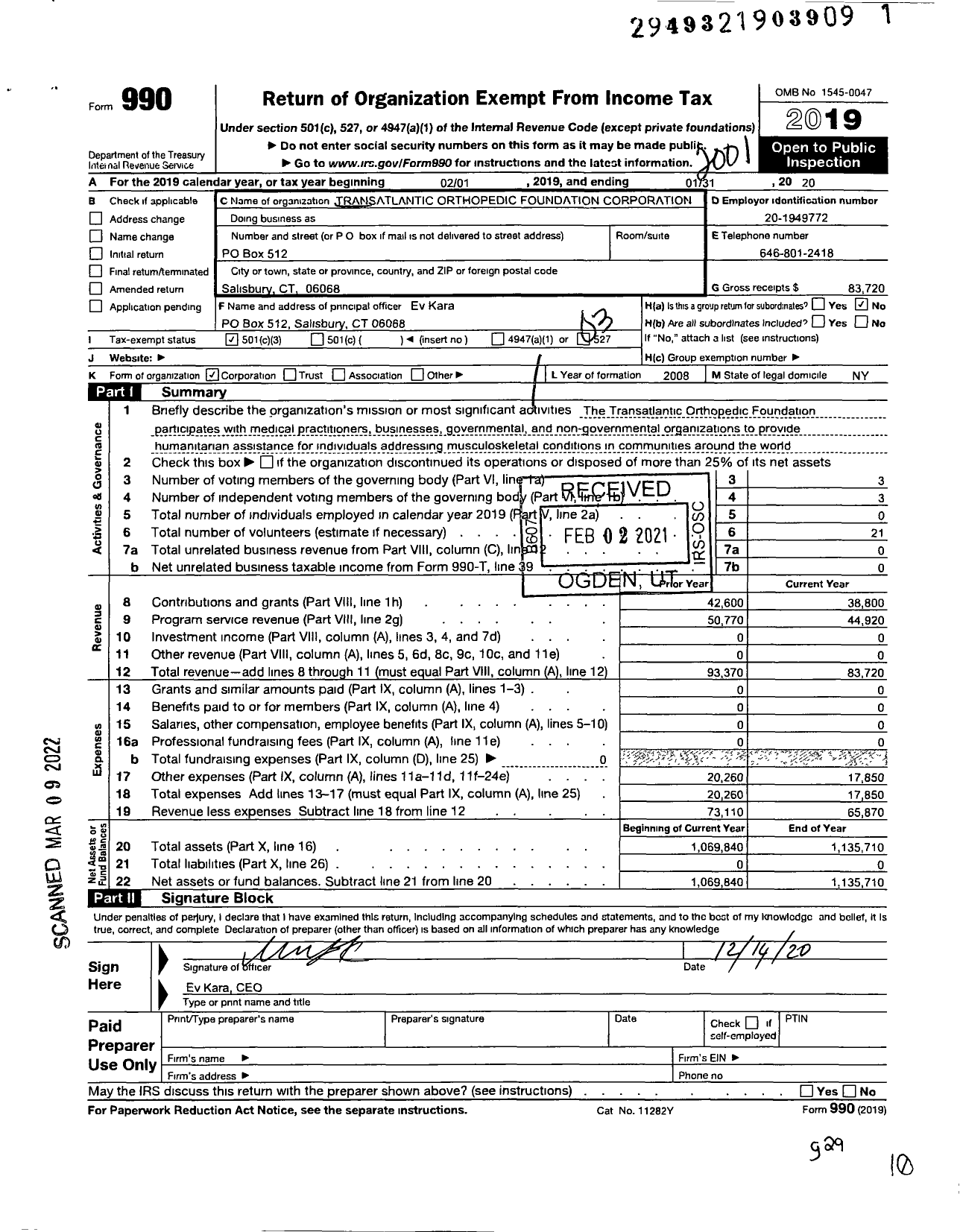 Image of first page of 2019 Form 990 for Transatlantic Orthopedic Foundation Corporation