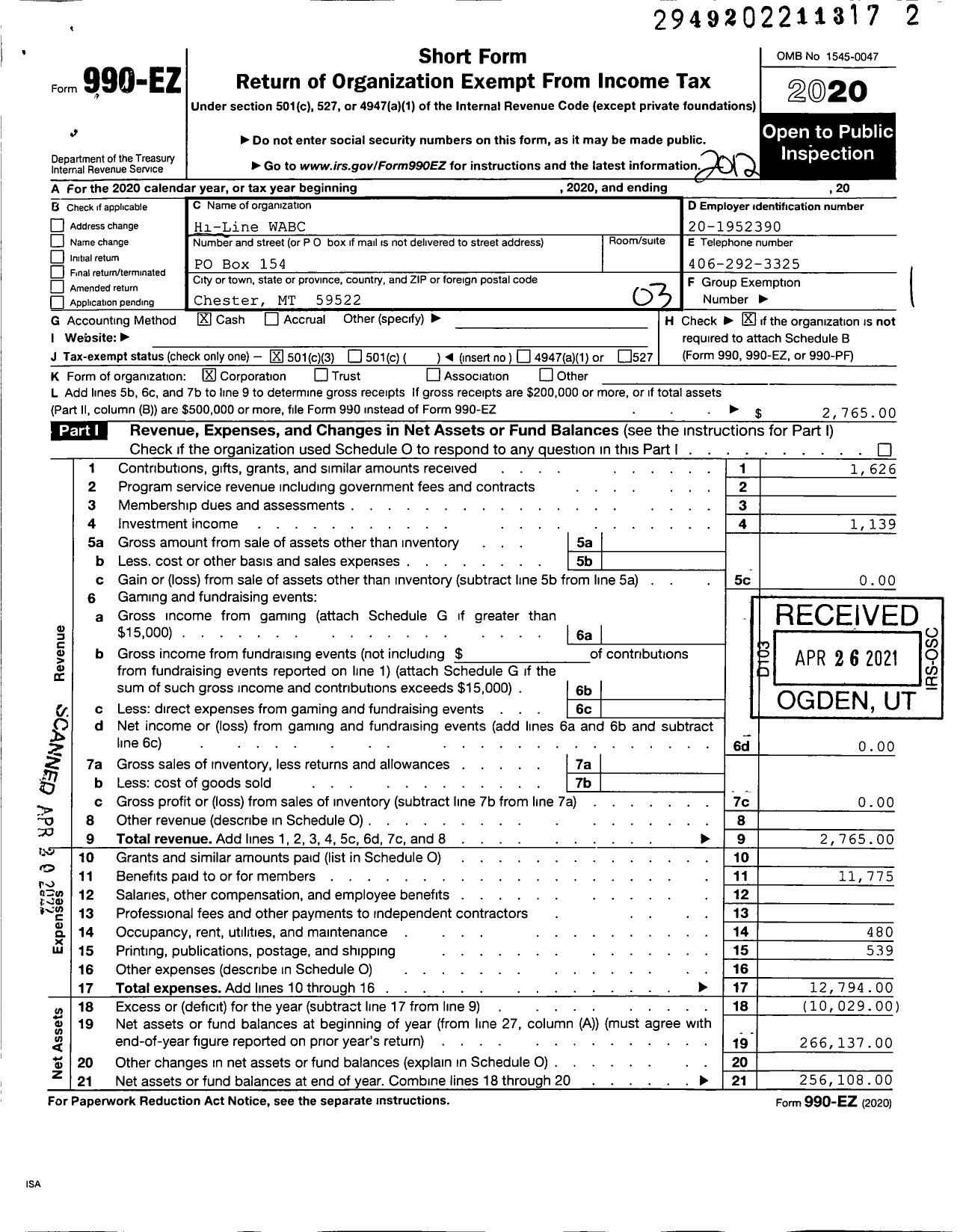 Image of first page of 2020 Form 990EZ for Hi-Line Women Against Breast Cancer