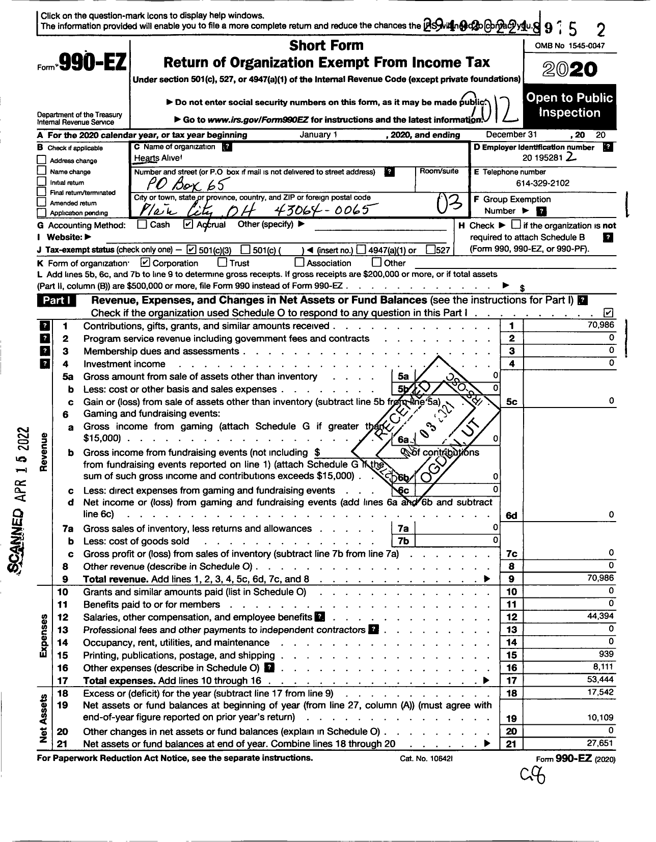 Image of first page of 2020 Form 990EZ for Hearts Alive