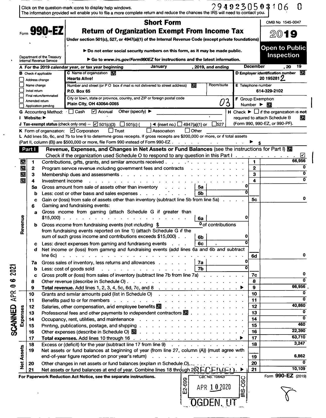 Image of first page of 2019 Form 990EZ for Hearts Alive