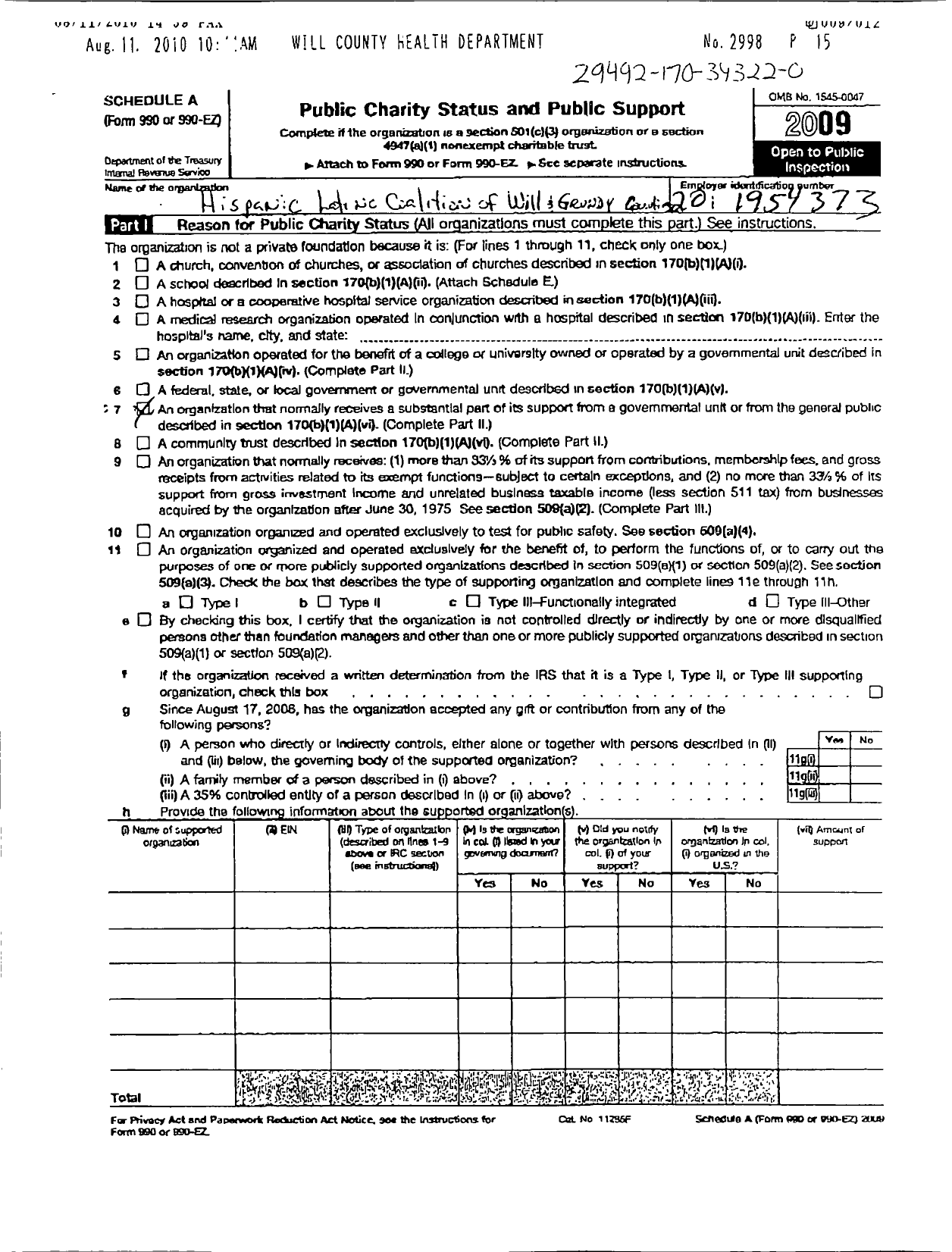 Image of first page of 2009 Form 990ER for Hispanic Latino Coalition of Will and Grundy Counties