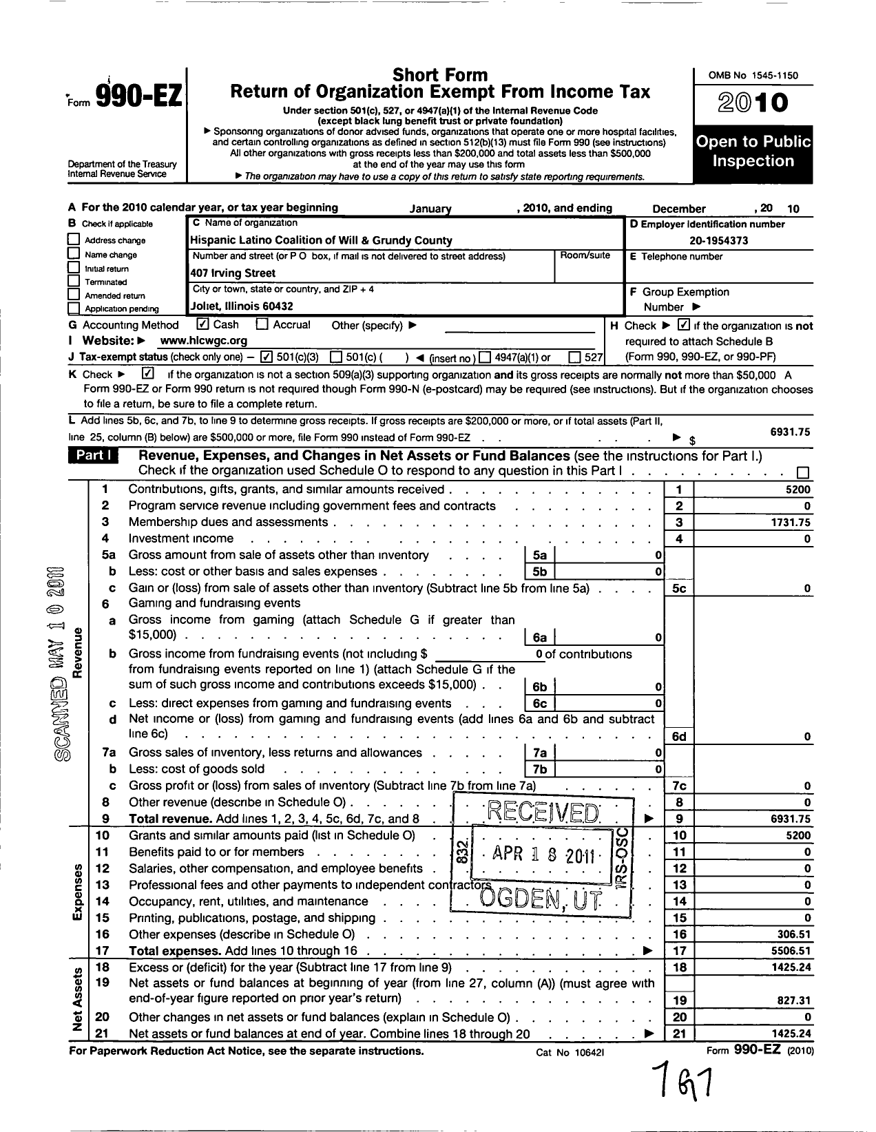 Image of first page of 2010 Form 990EZ for Hispanic Latino Coalition of Will and Grundy Counties