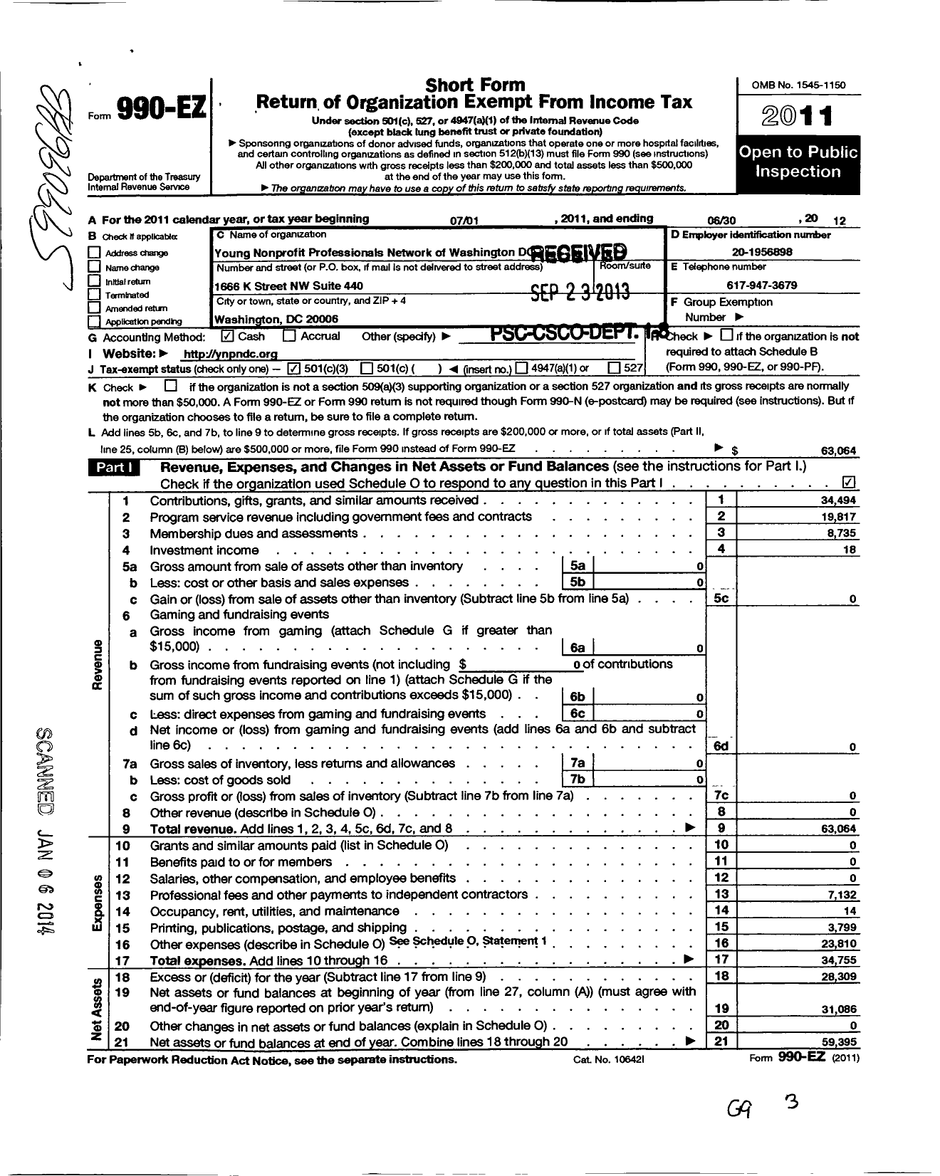 Image of first page of 2011 Form 990EZ for Young Nonprofit Professionals Network of Washington DC