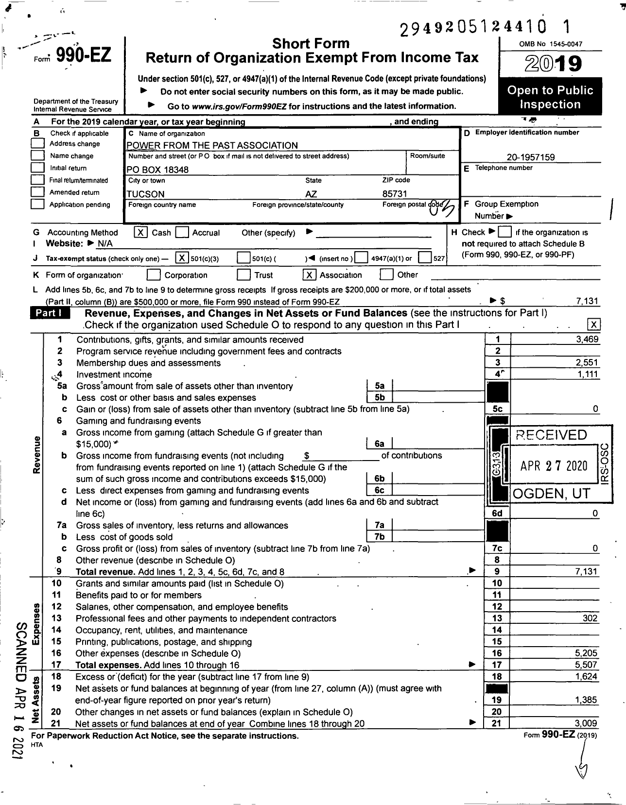 Image of first page of 2019 Form 990EZ for Power From the Past Association