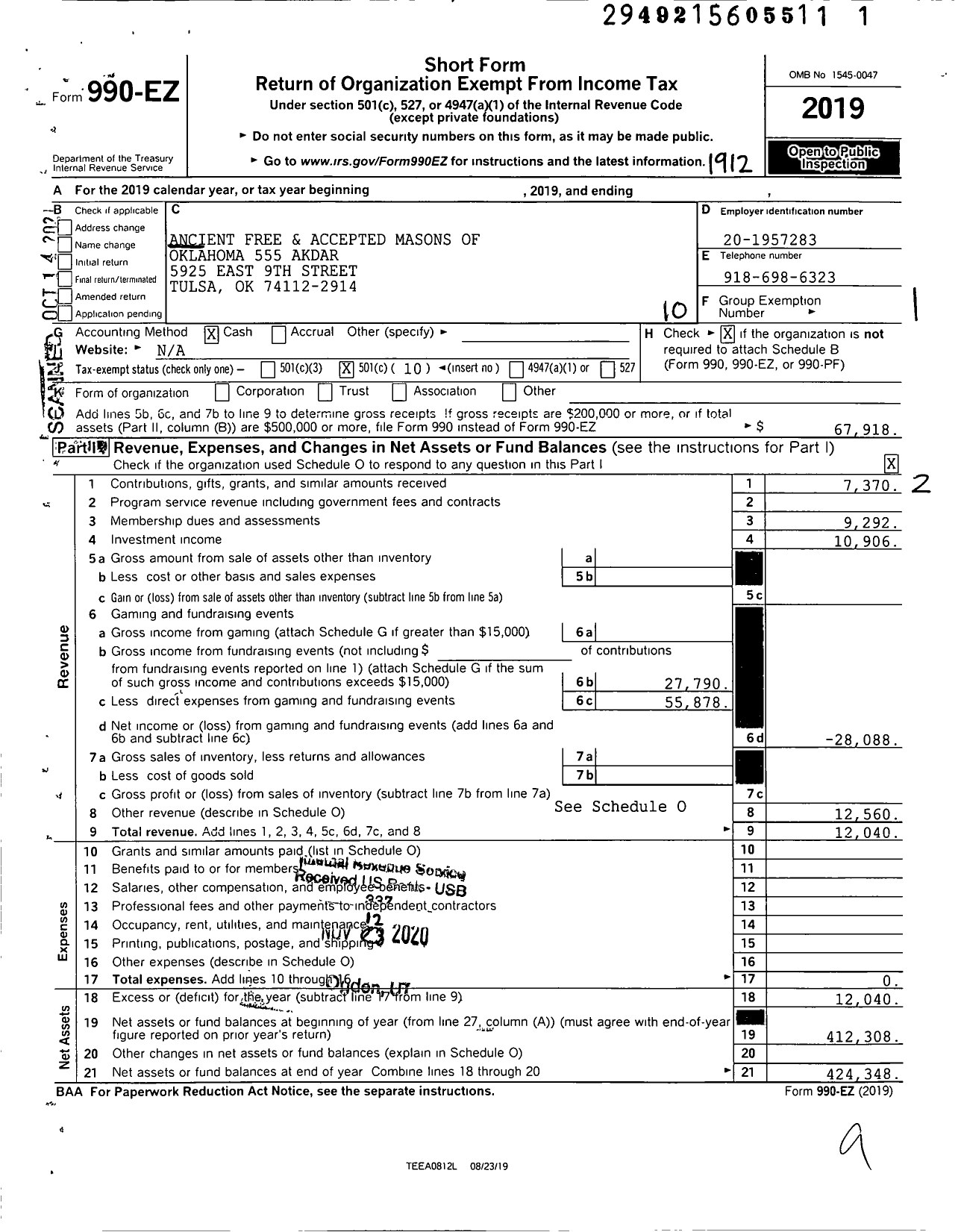 Image of first page of 2019 Form 990EO for Ancient Free and Accepted Masons of Oklahoma - 555 Akdar