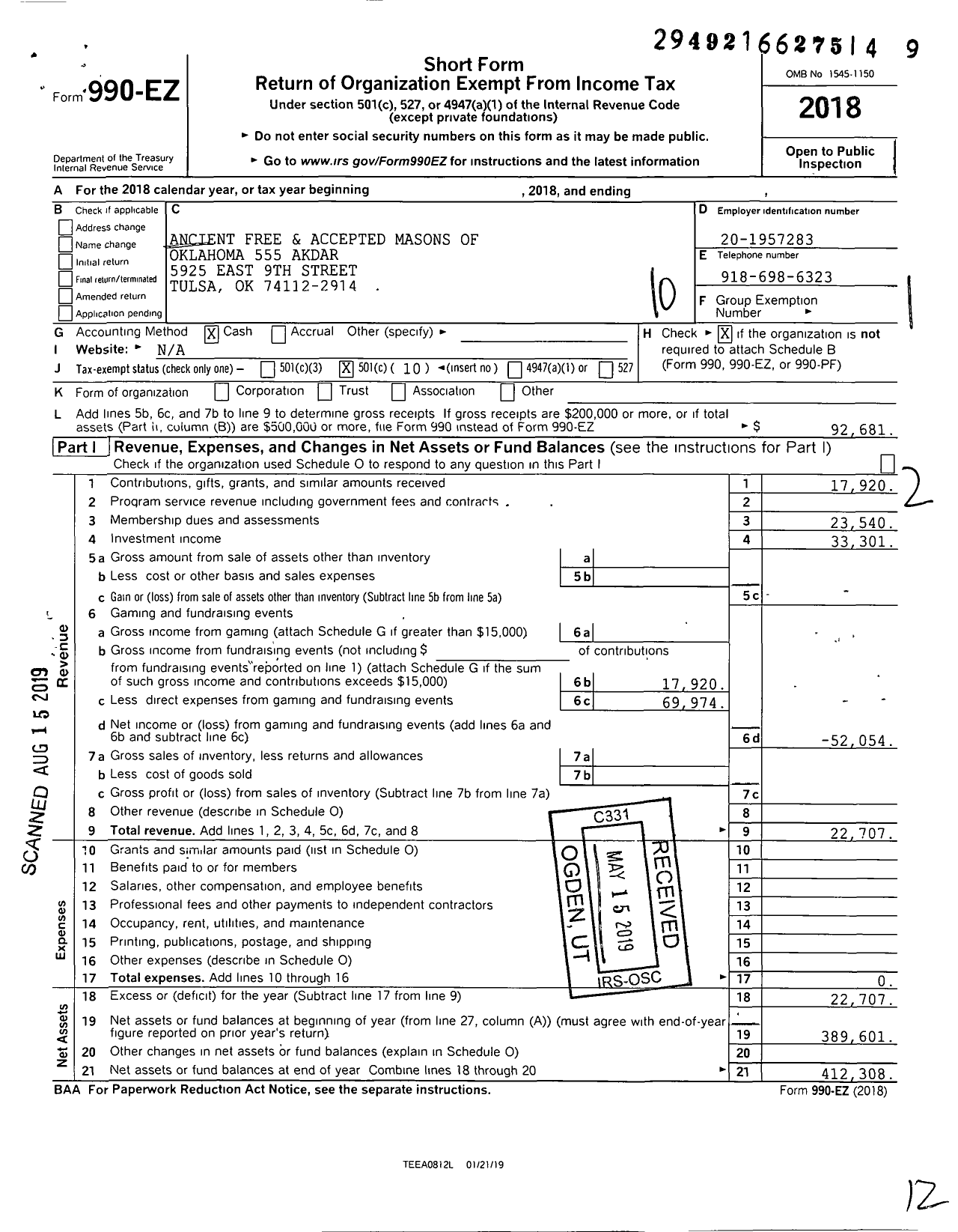 Image of first page of 2018 Form 990EO for Ancient Free and Accepted Masons of Oklahoma - 555 Akdar