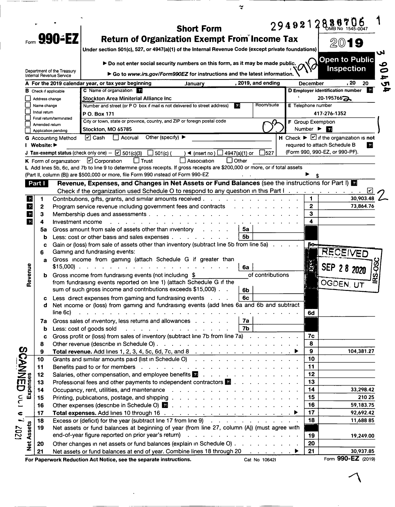 Image of first page of 2019 Form 990EZ for Stockton Christian Church