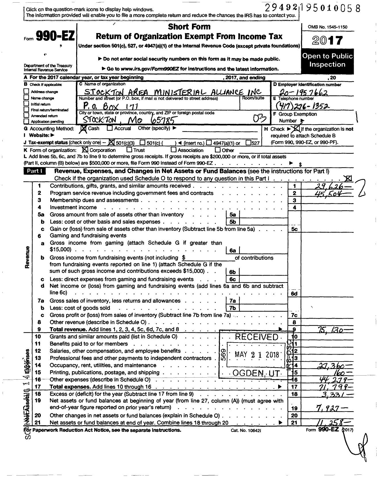 Image of first page of 2017 Form 990EZ for Stockton Christian Church