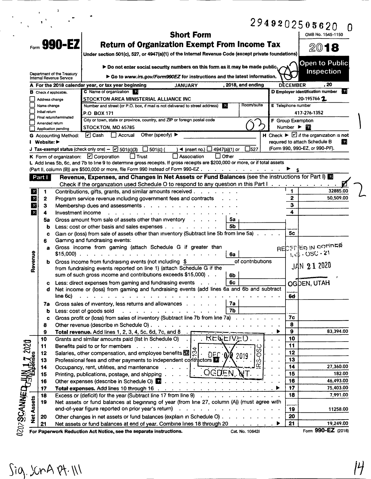 Image of first page of 2018 Form 990EZ for Stockton Christian Church