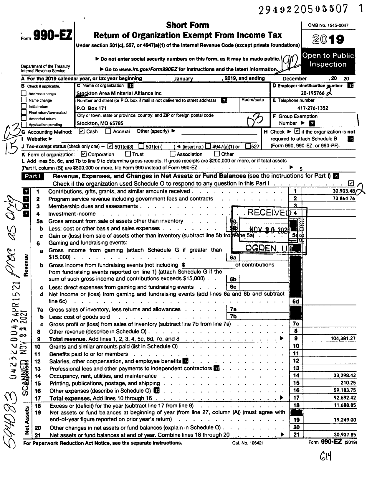 Image of first page of 2020 Form 990EZ for Stockton Christian Church