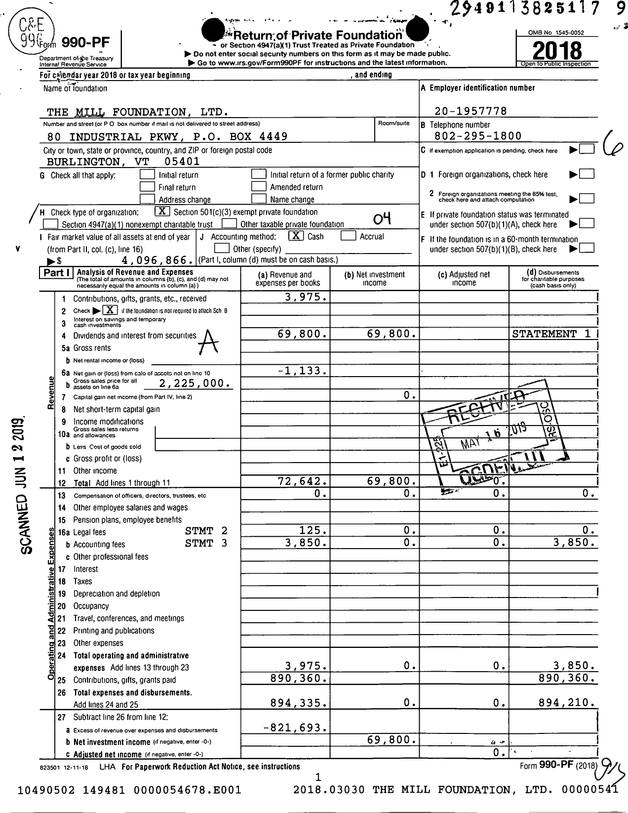 Image of first page of 2018 Form 990PF for Mill Foundation