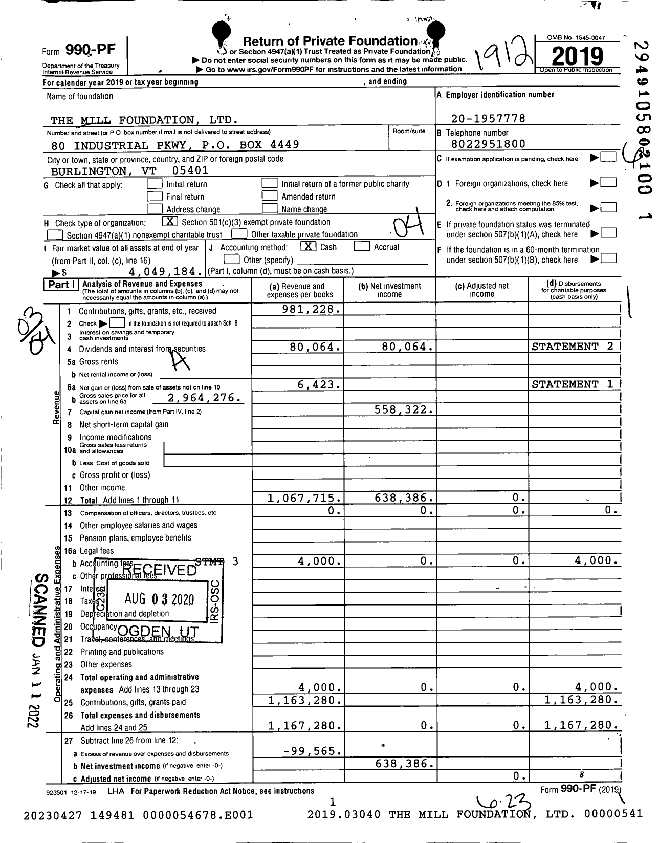 Image of first page of 2019 Form 990PF for Mill Foundation