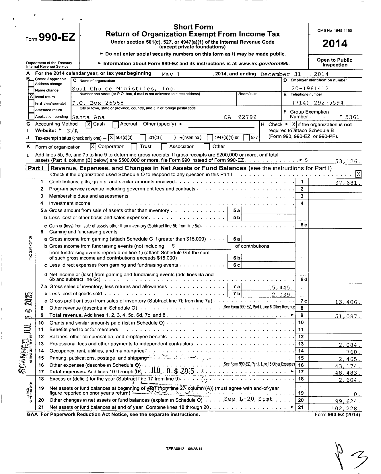 Image of first page of 2014 Form 990EZ for Soulchoice Choice Ministries