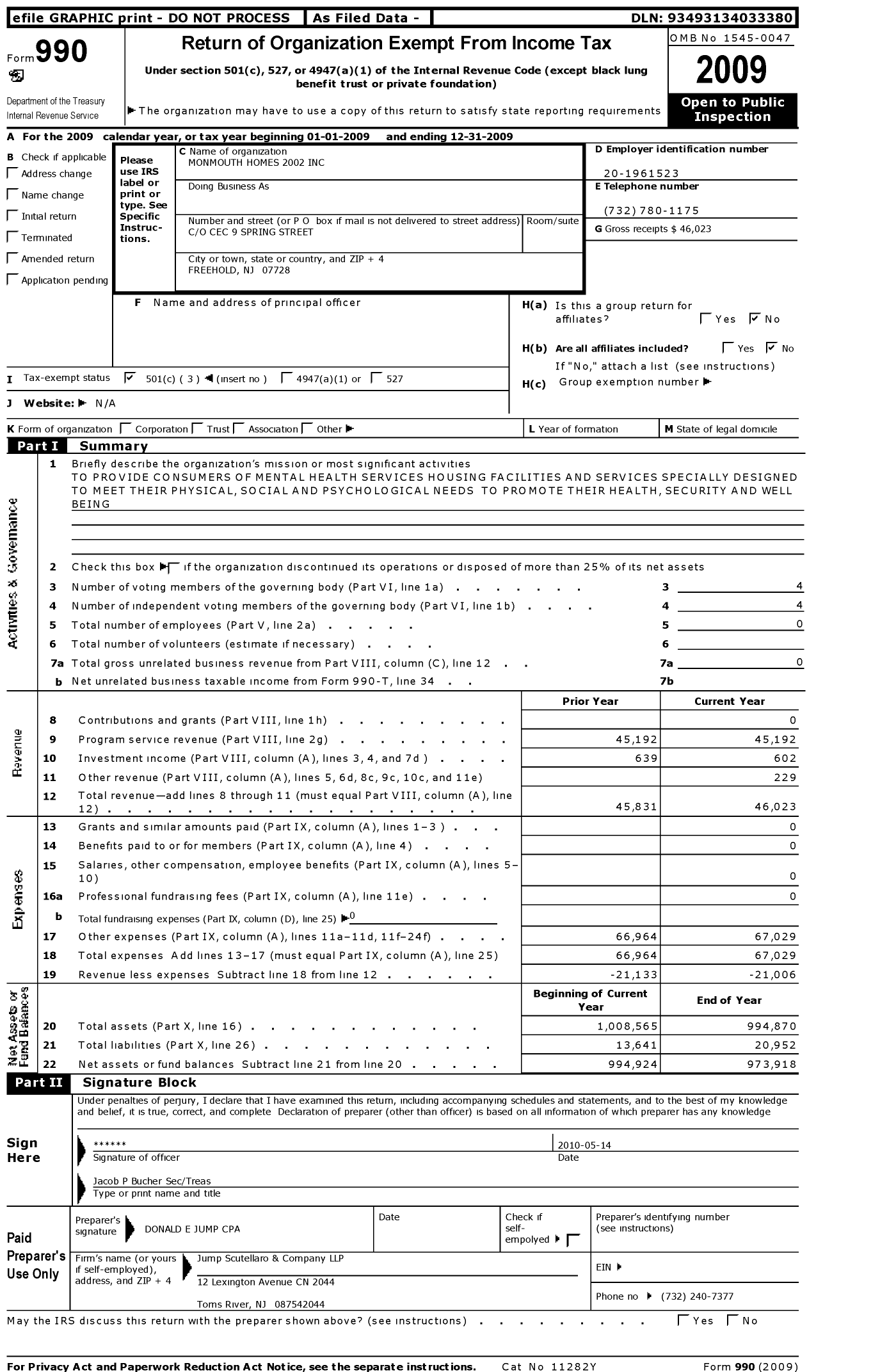 Image of first page of 2009 Form 990 for Monmouth Homes 2002