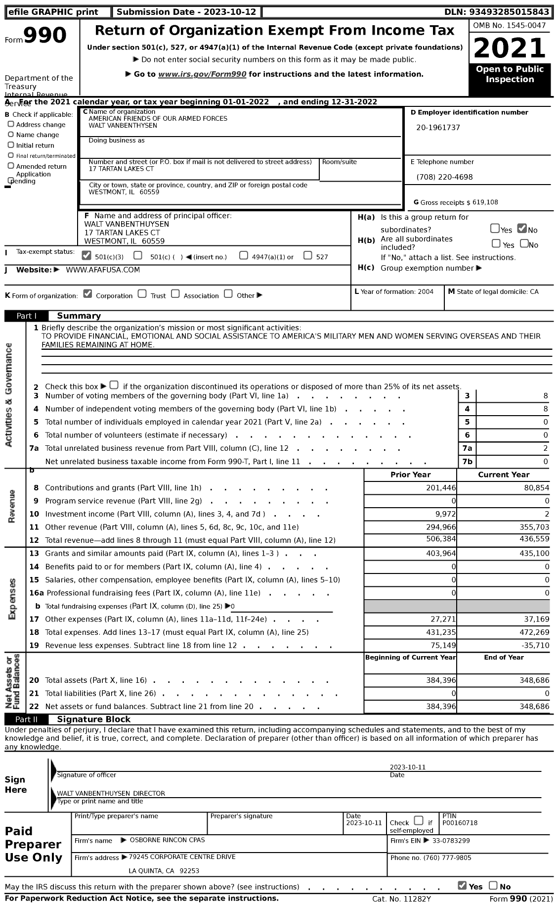 Image of first page of 2022 Form 990 for American Friends of Our Armed Forces Walt Vanbenthysen