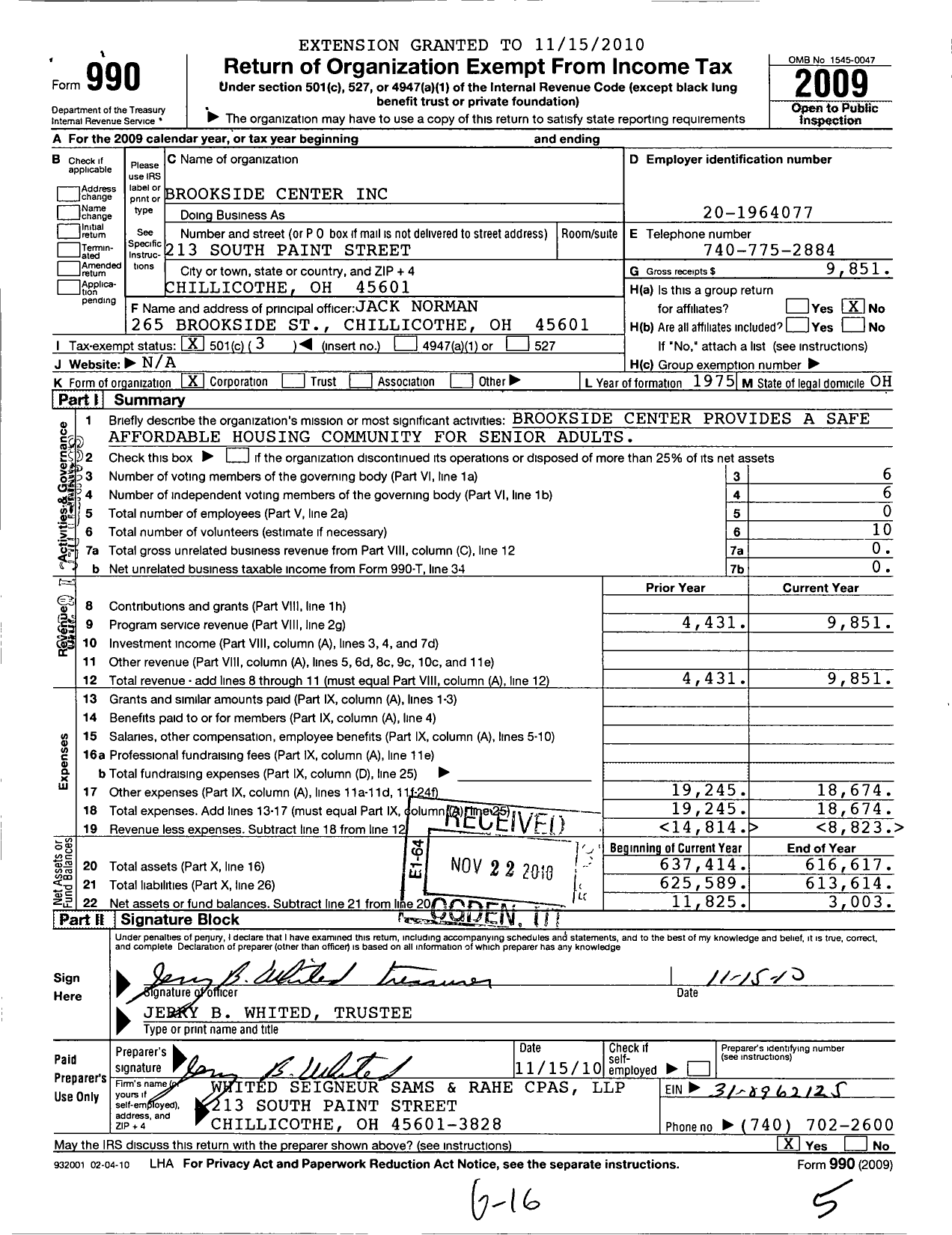 Image of first page of 2009 Form 990 for Brookside Center