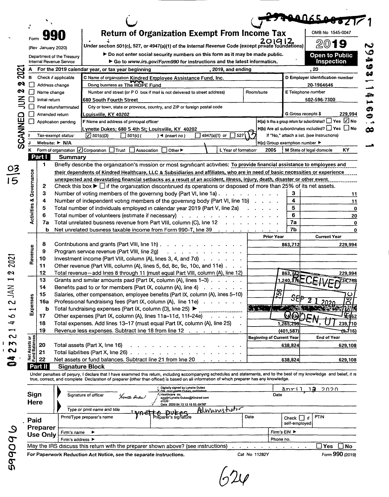 Image of first page of 2019 Form 990 for The Hope Fund