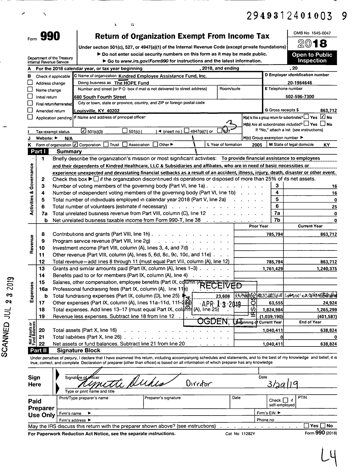 Image of first page of 2018 Form 990 for The Hope Fund