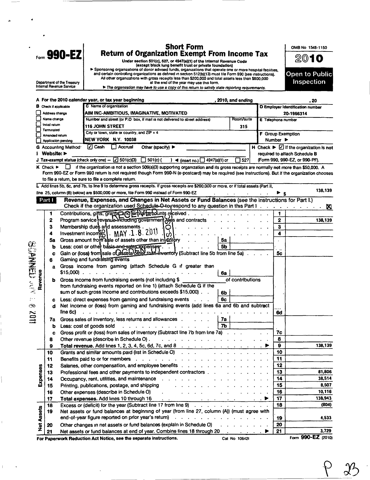 Image of first page of 2010 Form 990EZ for Institute for Contemporary Careers