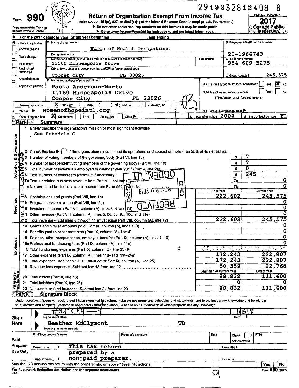 Image of first page of 2017 Form 990 for Women of Health Ooccupations Promoting Education