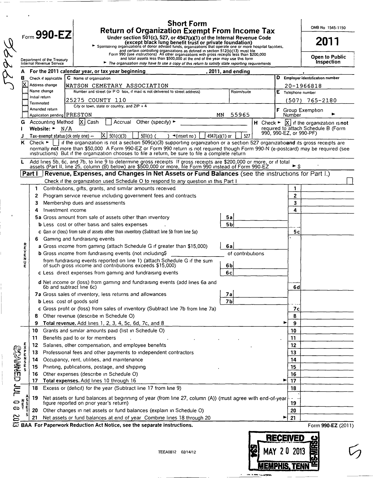 Image of first page of 2011 Form 990EZ for Watson Creek Cemetery Association