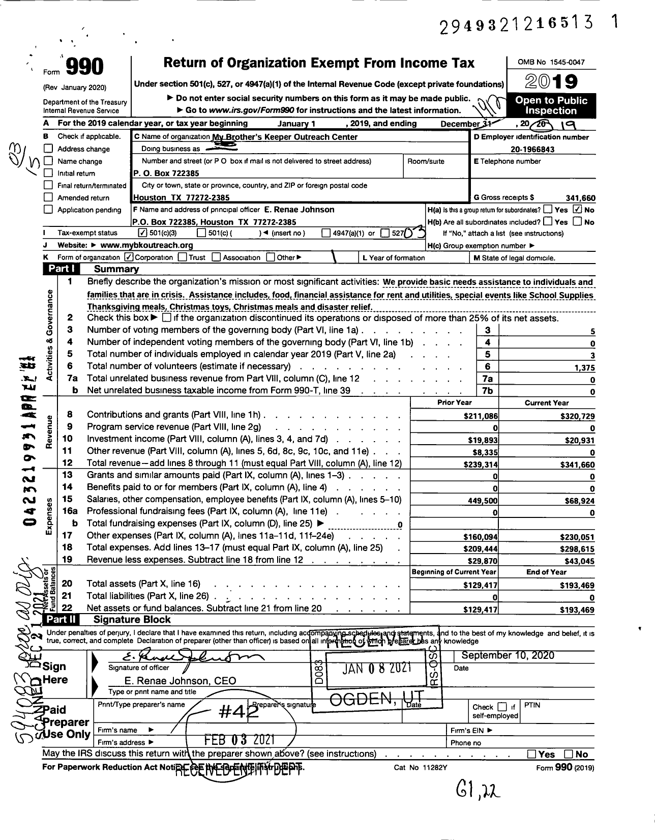 Image of first page of 2019 Form 990 for My Brother's Keeper Outreach Center