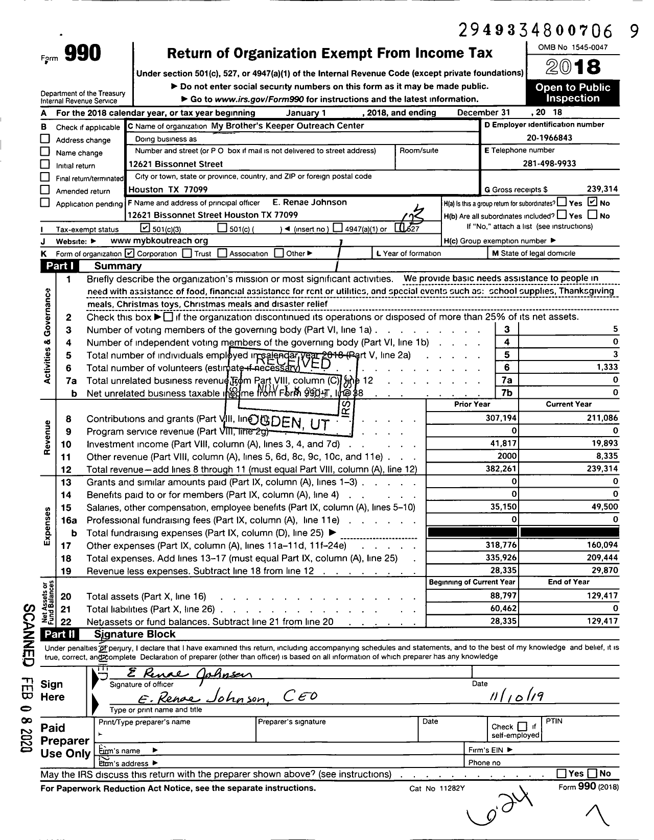 Image of first page of 2018 Form 990 for My Brother's Keeper Outreach Center