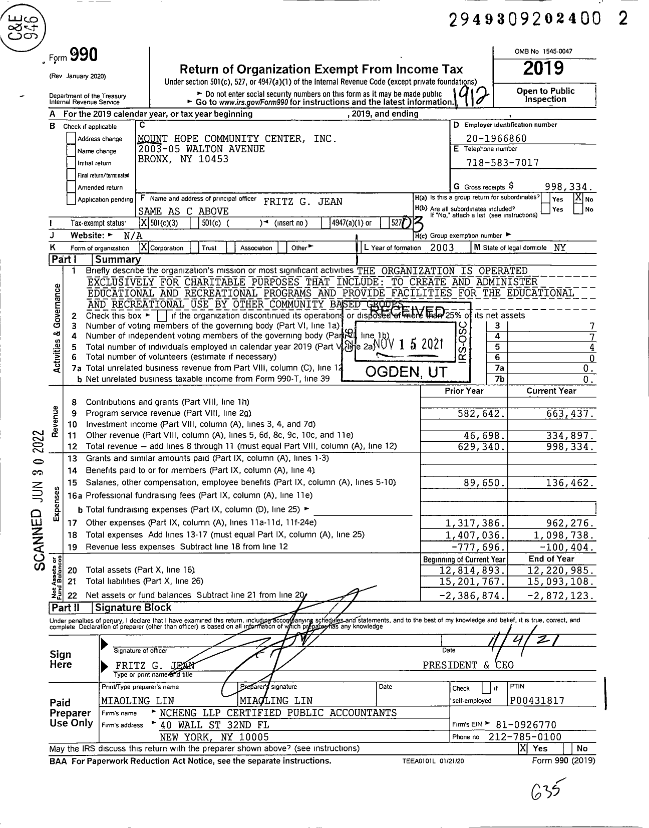 Image of first page of 2019 Form 990 for Mount Hope Community Center