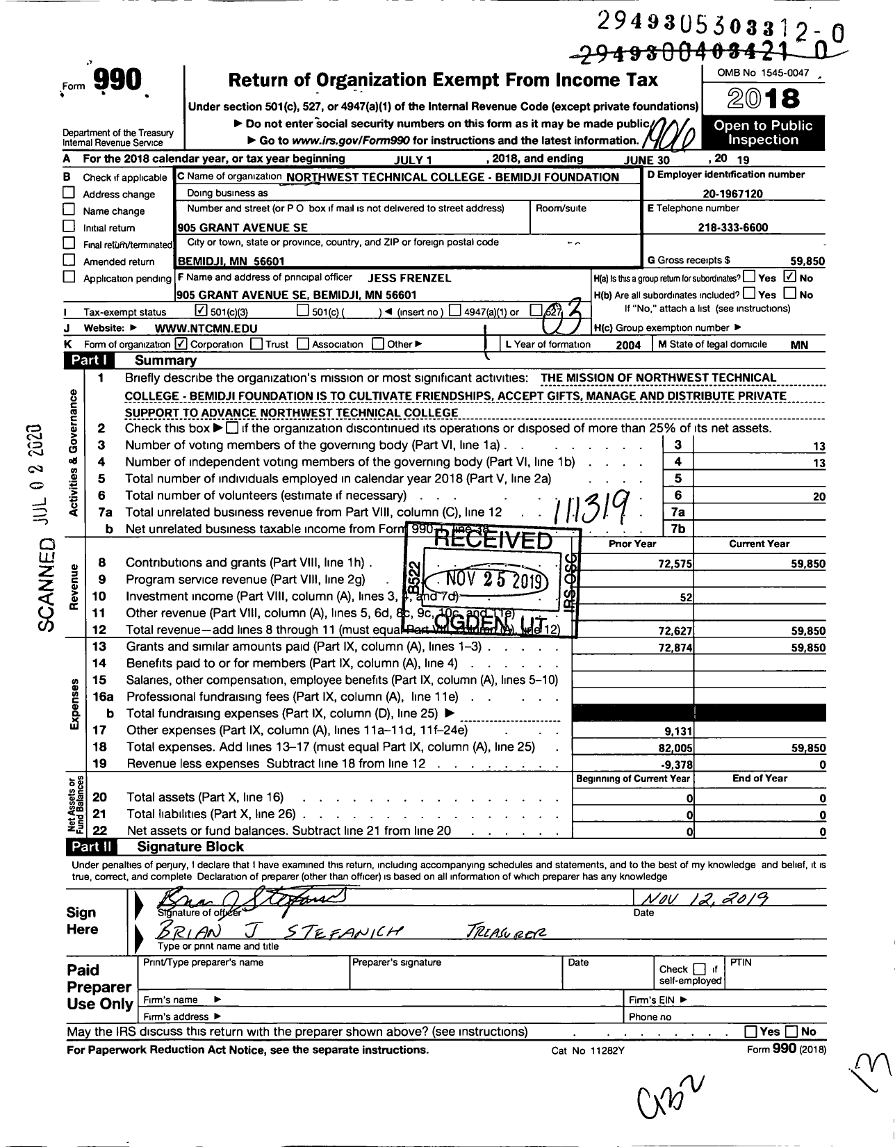 Image of first page of 2018 Form 990 for Northwest Technical College - Bemidji Foundation