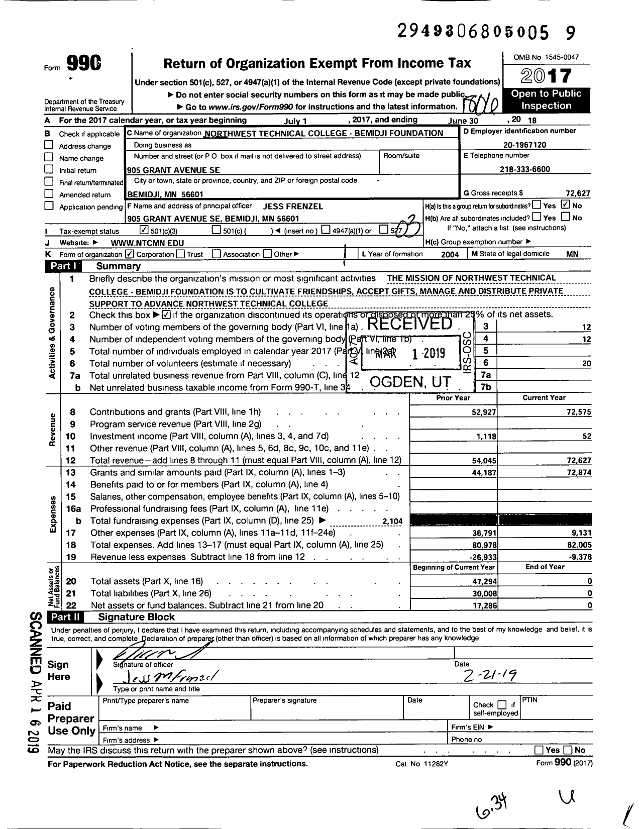 Image of first page of 2017 Form 990 for Northwest Technical College - Bemidji Foundation