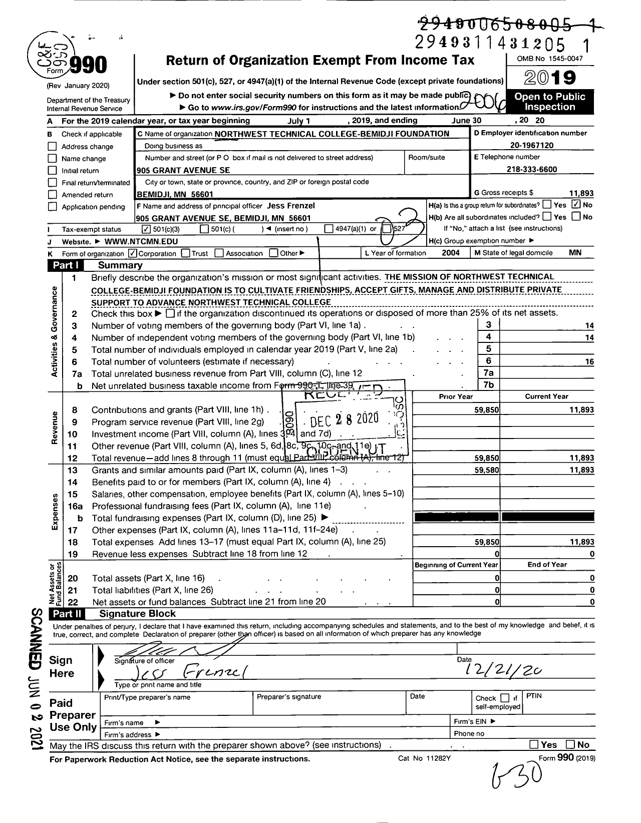 Image of first page of 2019 Form 990 for Northwest Technical College Bemidji Foundation