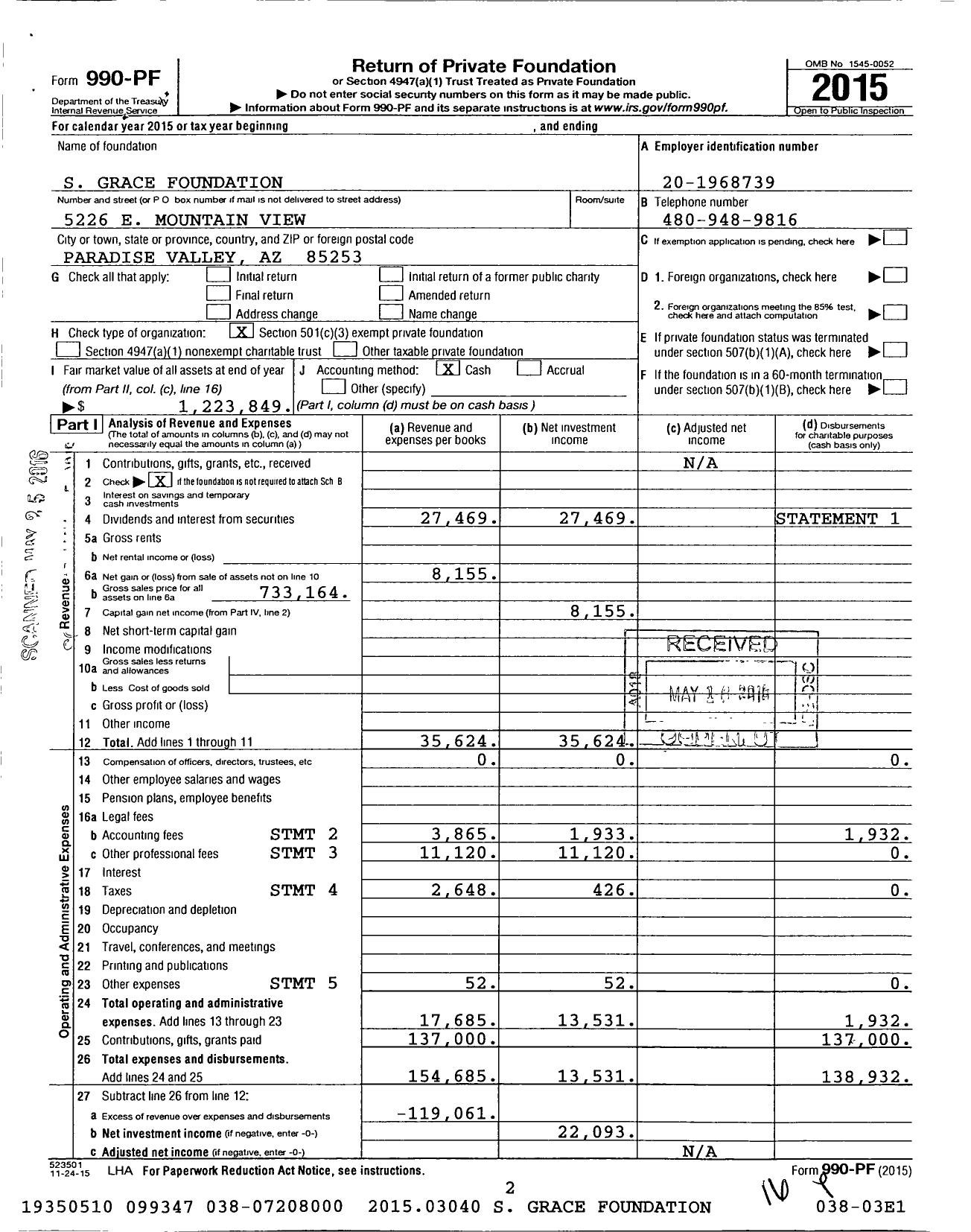 Image of first page of 2015 Form 990PF for S Grace Foundation