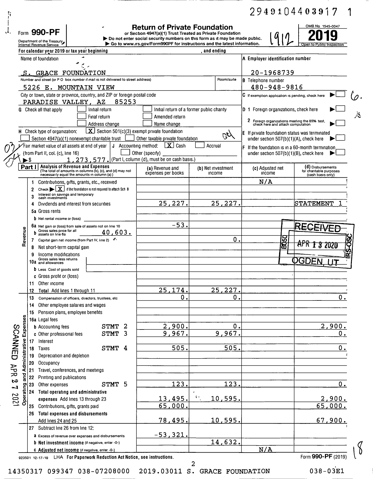 Image of first page of 2019 Form 990PF for S Grace Foundation