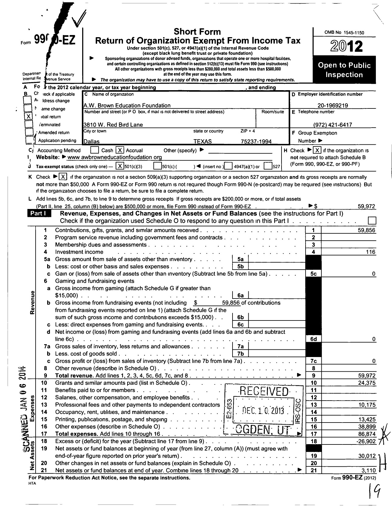 Image of first page of 2012 Form 990EZ for A W Brown Education Foundation