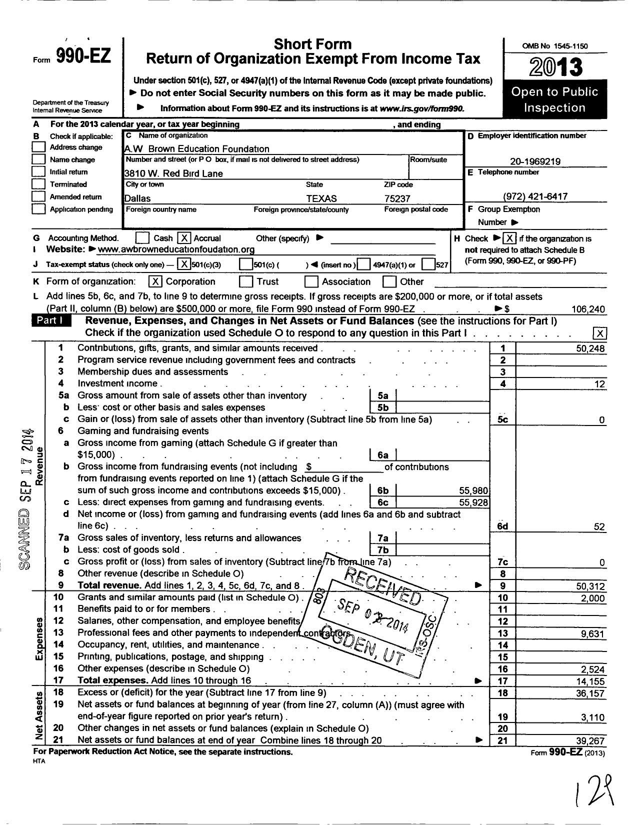 Image of first page of 2013 Form 990EZ for A W Brown Education Foundation