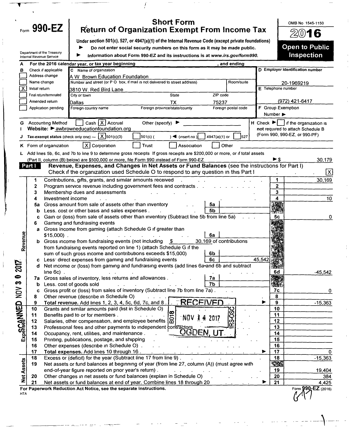 Image of first page of 2016 Form 990EZ for A W Brown Education Foundation