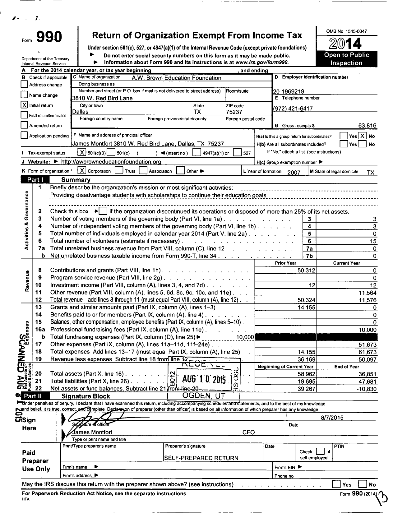 Image of first page of 2014 Form 990 for A W Brown Education Foundation